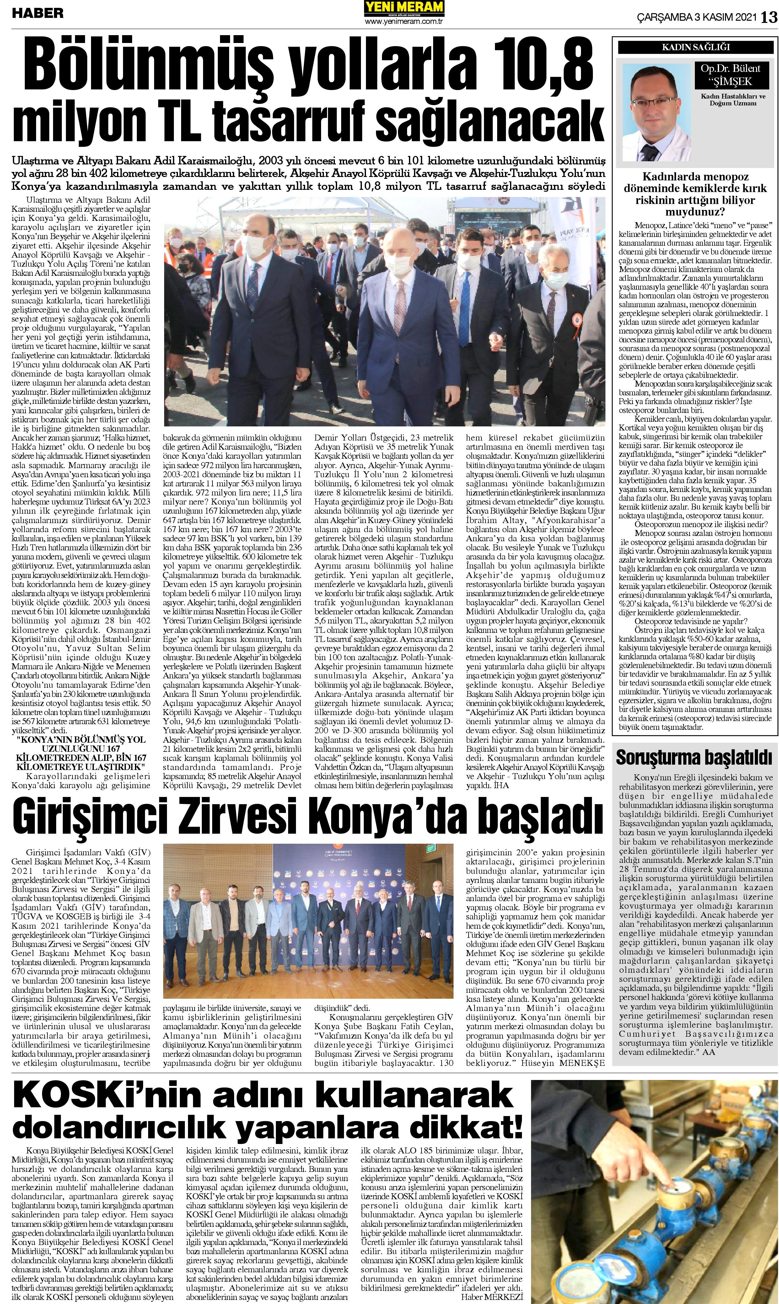 3 Kasım 2021 Yeni Meram Gazetesi