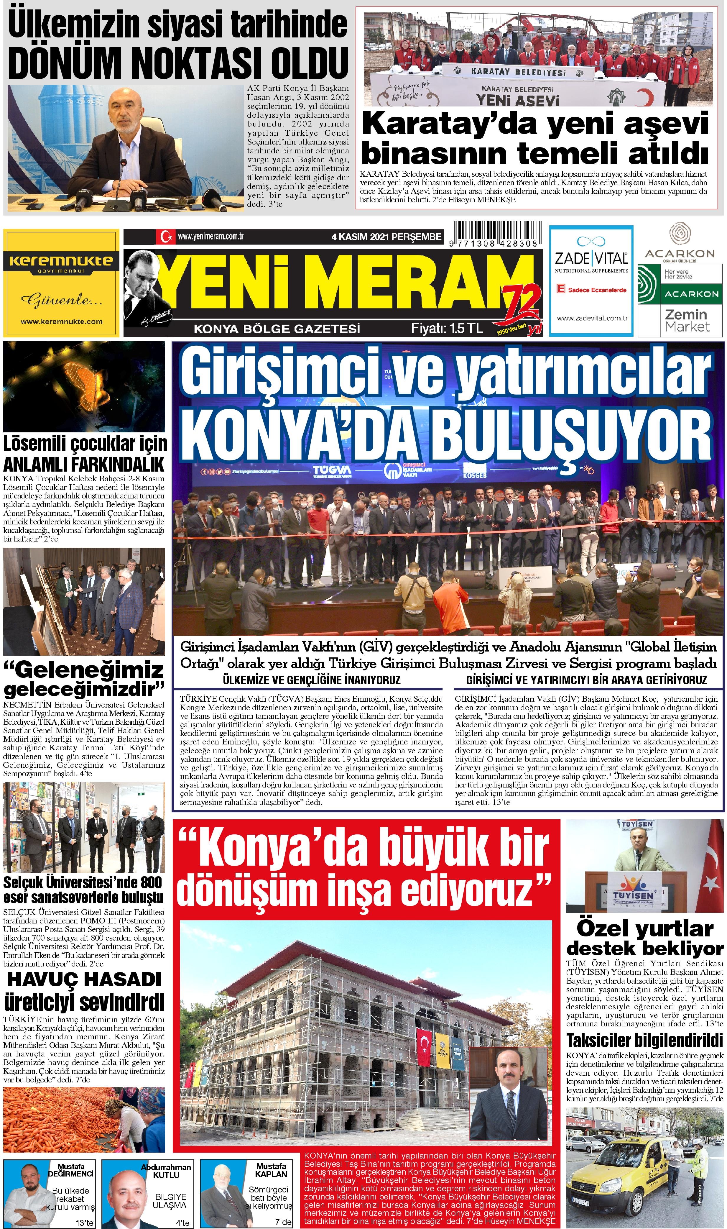 4 Kasım 2021 Yeni Meram Gazetesi