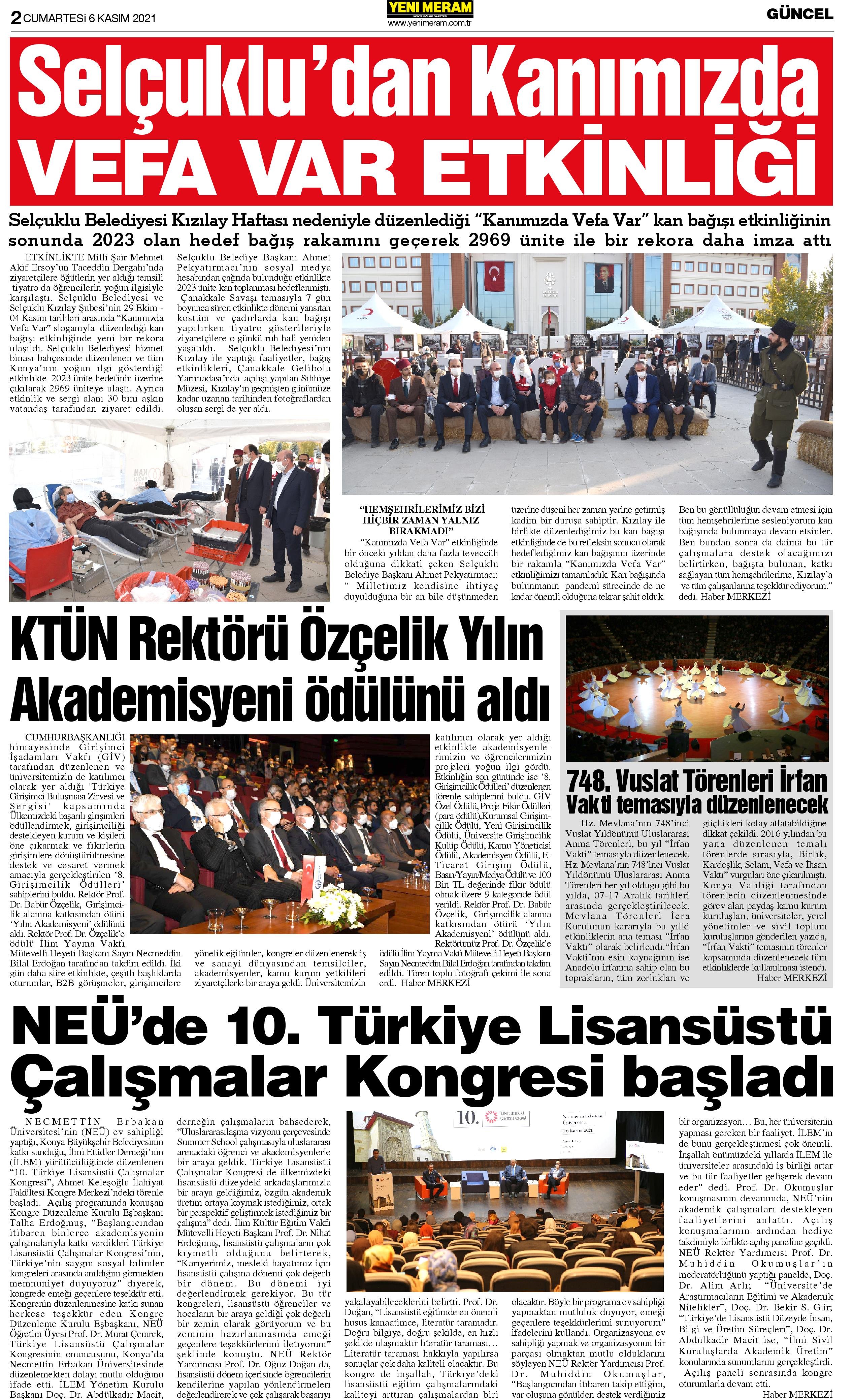 6 Kasım 2021 Yeni Meram Gazetesi
