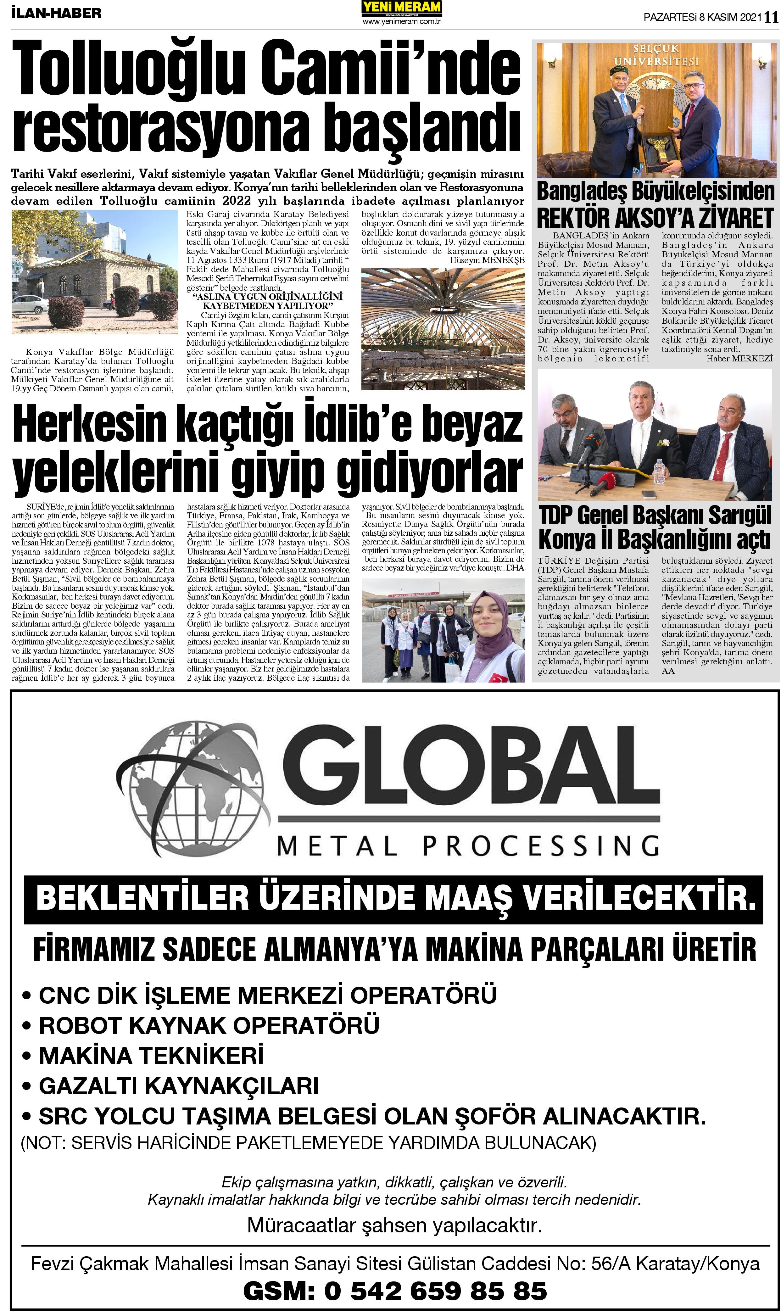 8 Kasım 2021 Yeni Meram Gazetesi