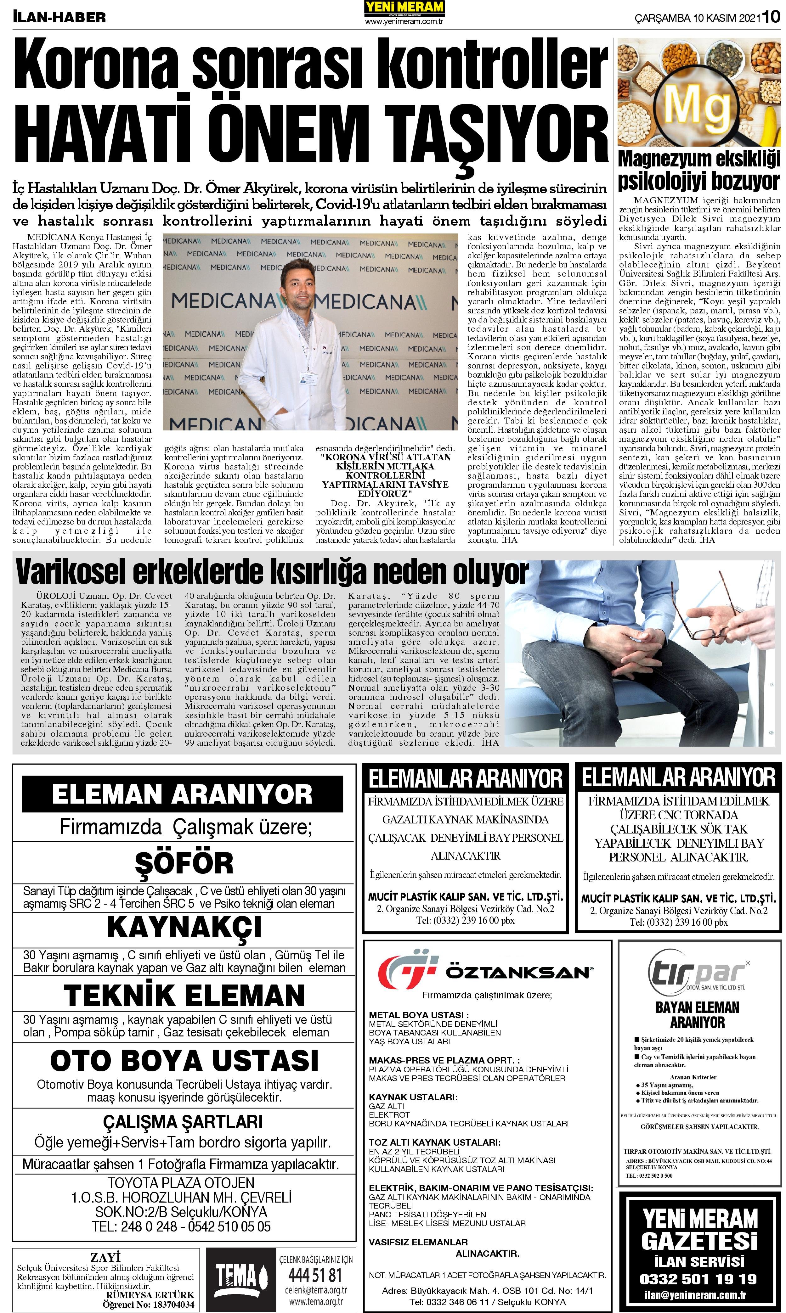 10 Kasım 2021 Yeni Meram Gazetesi
