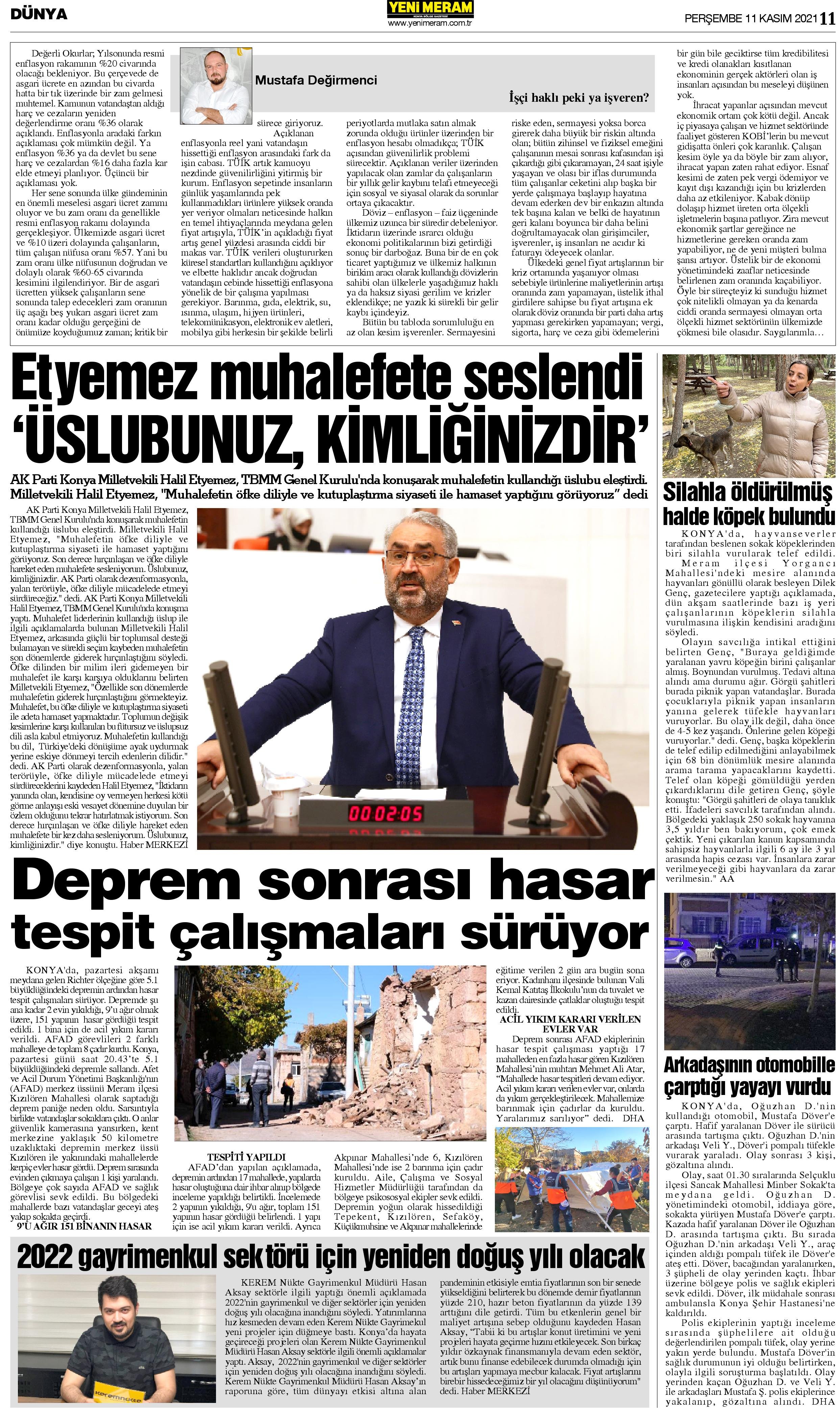 11 Kasım 2021 Yeni Meram Gazetesi
