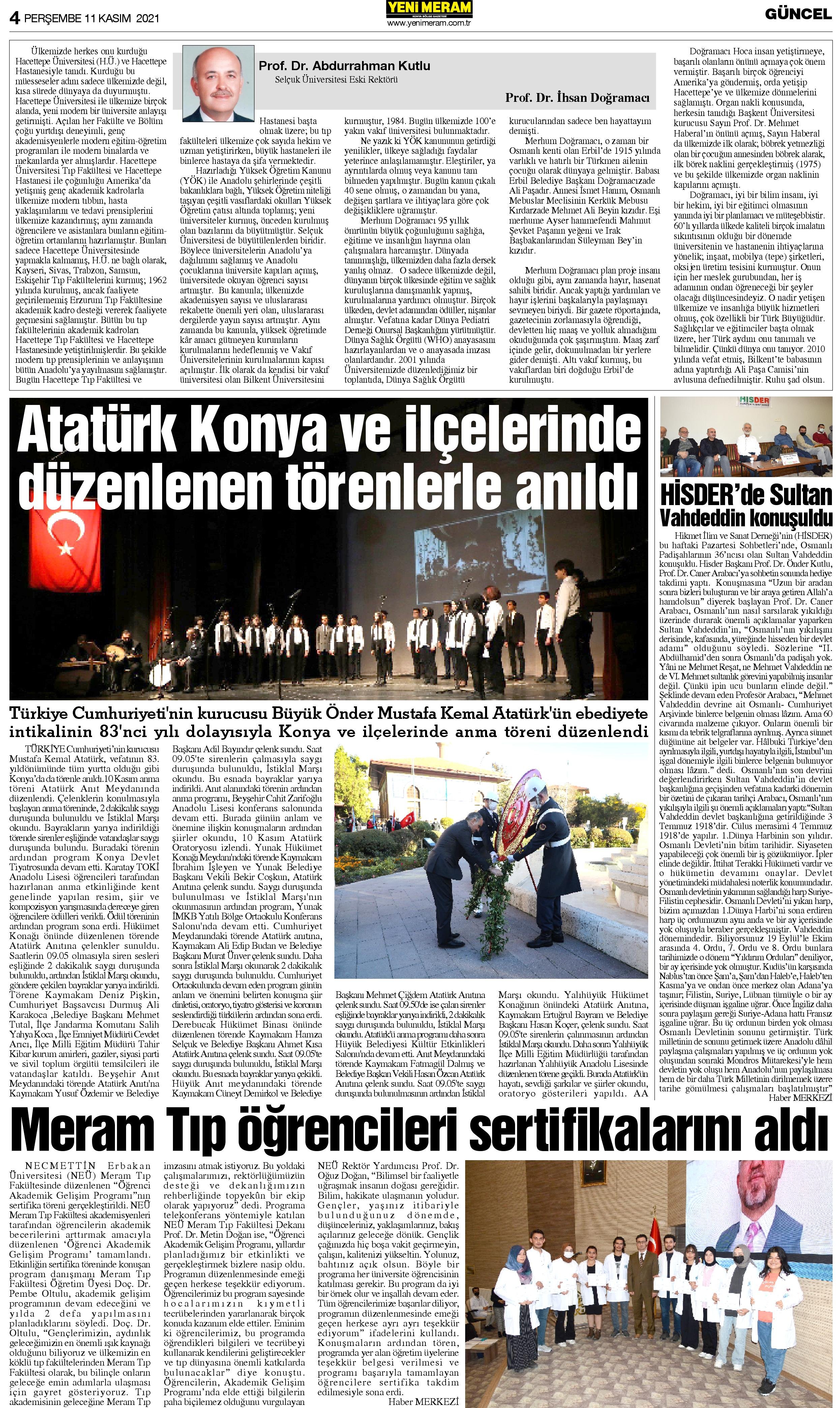 11 Kasım 2021 Yeni Meram Gazetesi
