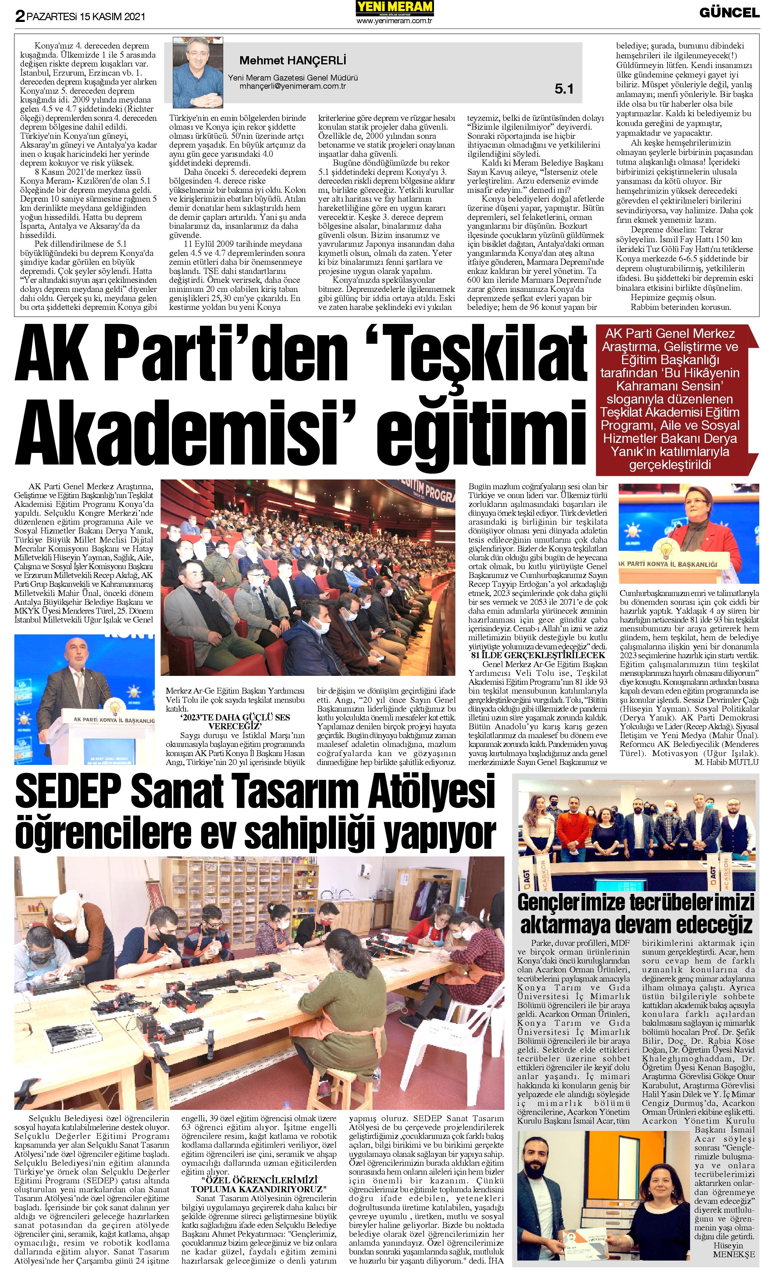 15 Kasım 2021 Yeni Meram Gazetesi
