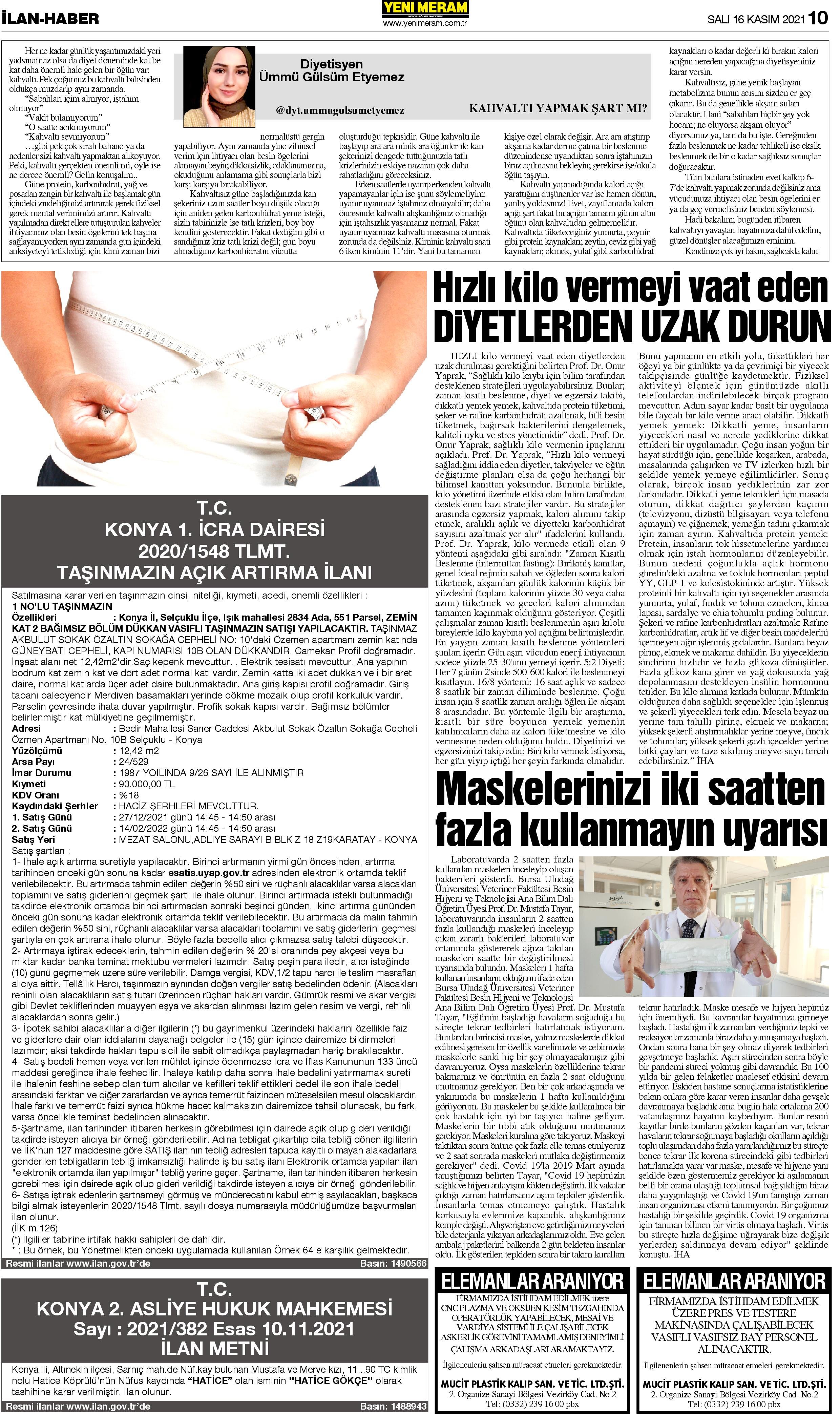 16 Kasım 2021 Yeni Meram Gazetesi
