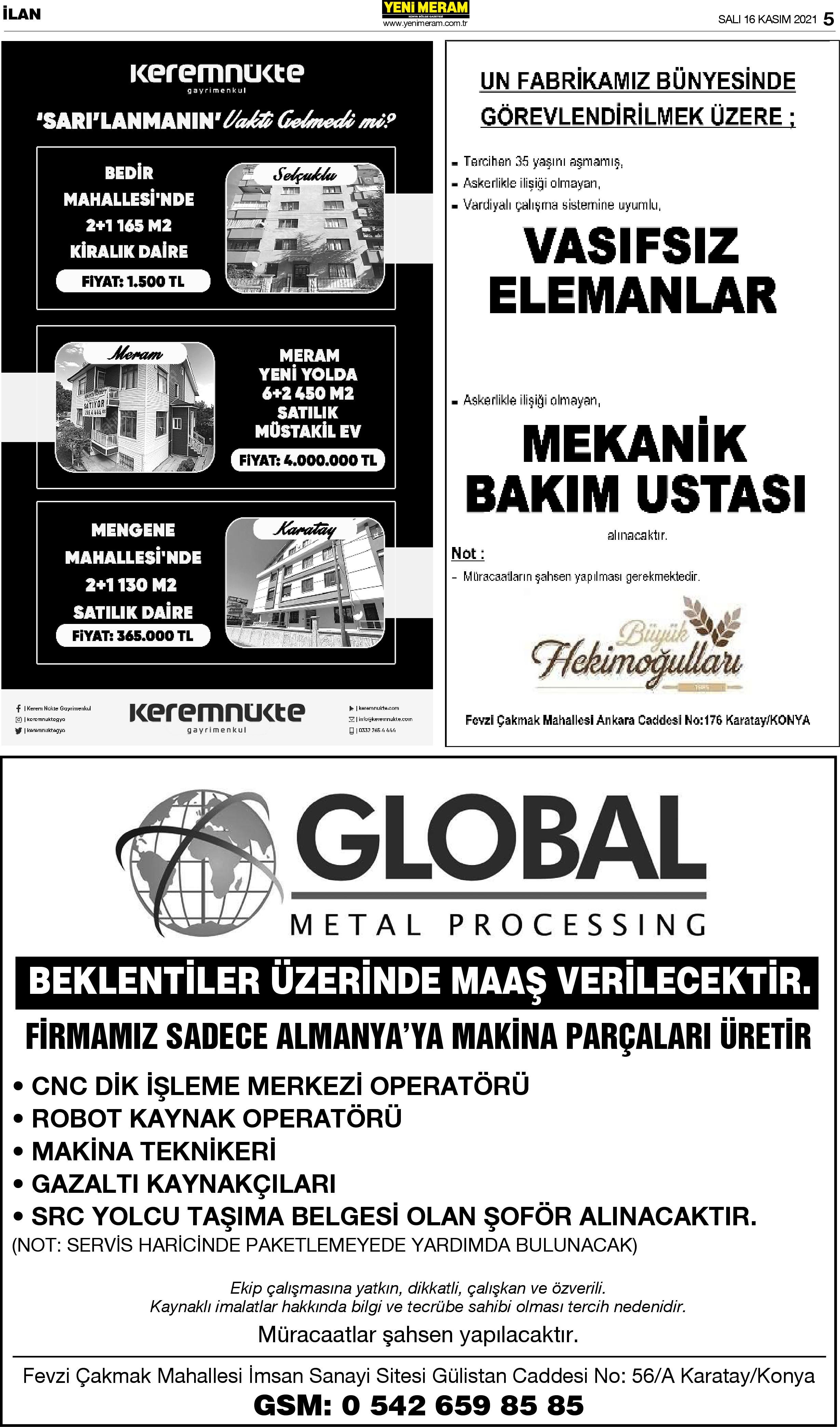 16 Kasım 2021 Yeni Meram Gazetesi
