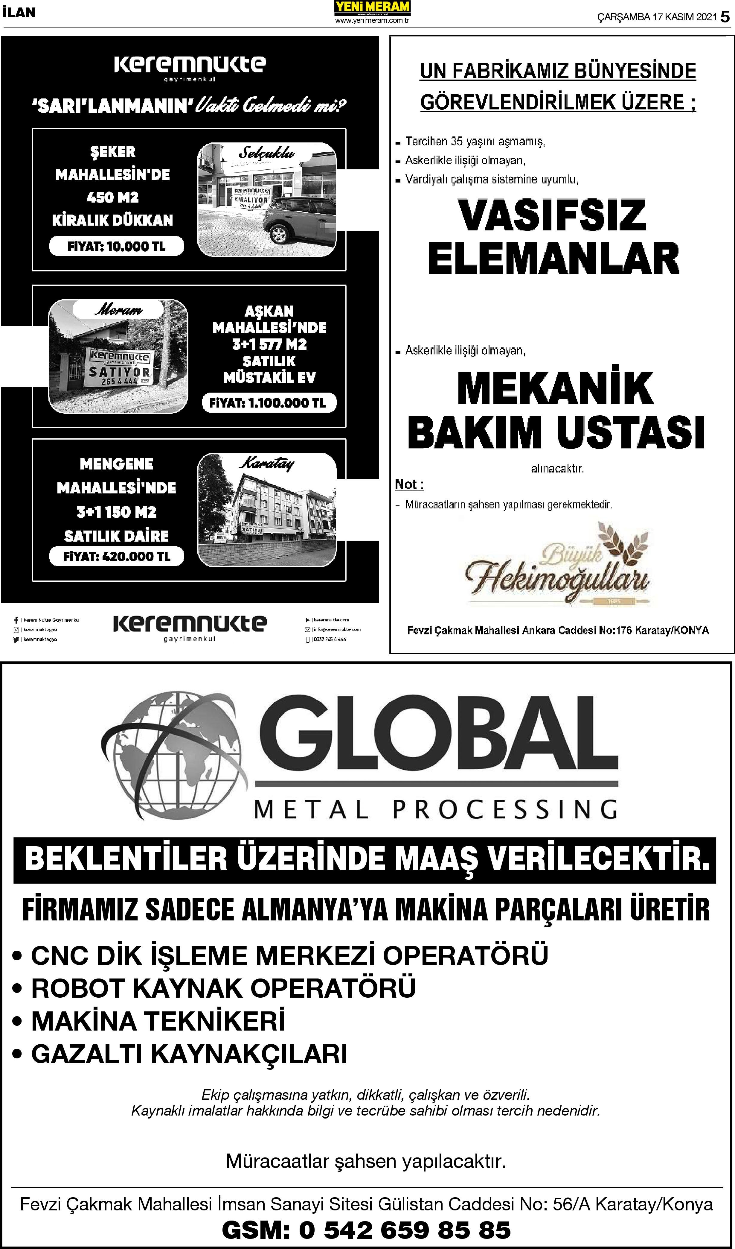 17 Kasım 2021 Yeni Meram Gazetesi
