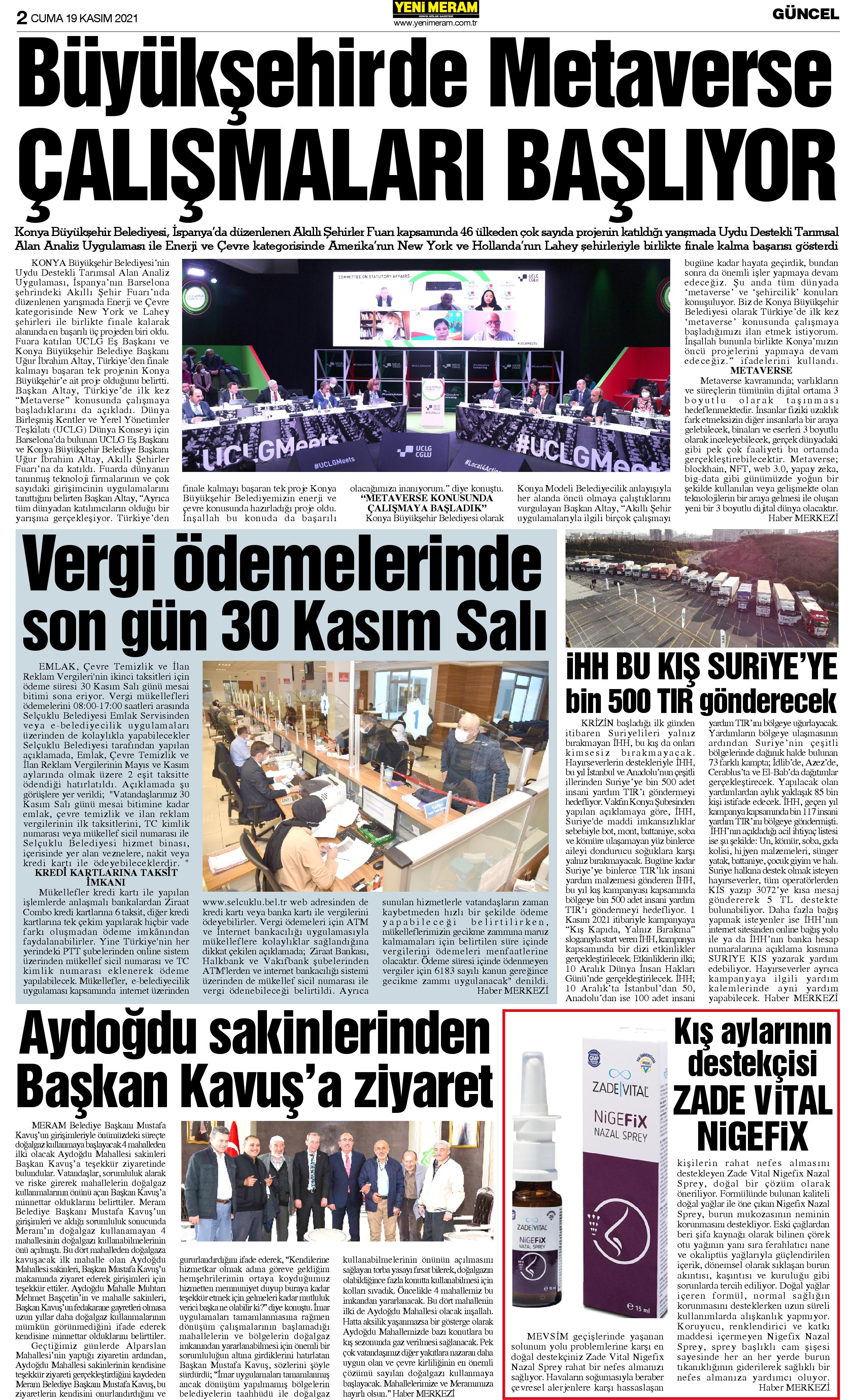 19 Kasım 2021 Yeni Meram Gazetesi
