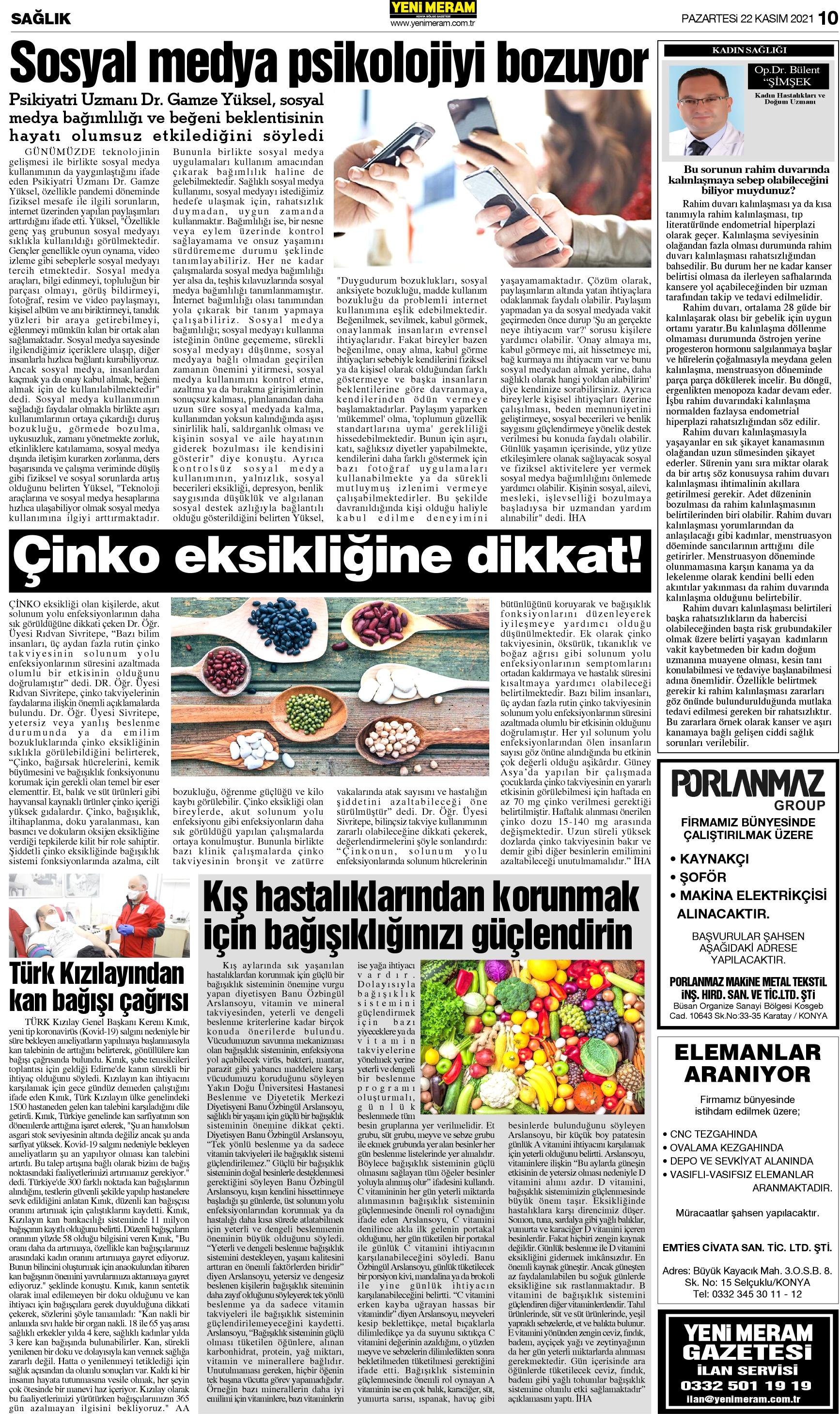 22 Kasım 2021 Yeni Meram Gazetesi
