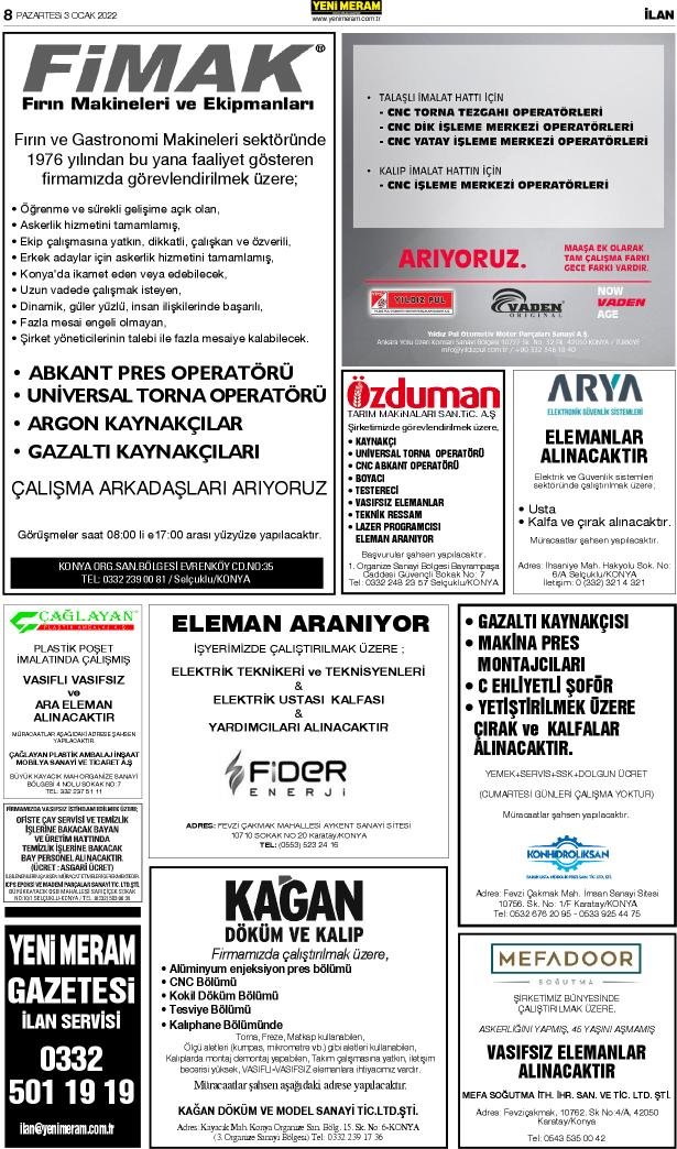 3 Ocak 2022 Yeni Meram Gazetesi
