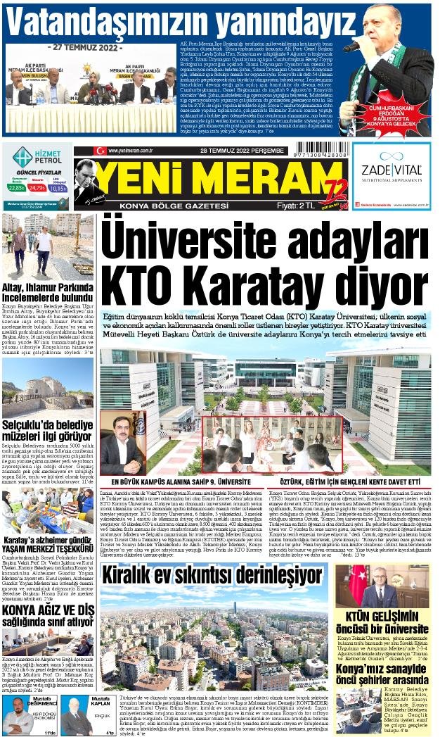 28 Temmuz 2022 Yeni Meram Gazetesi
