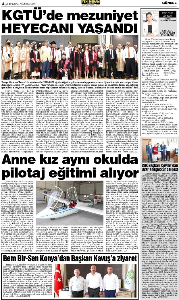 3 Ağustos 2022 Yeni Meram Gazetesi
