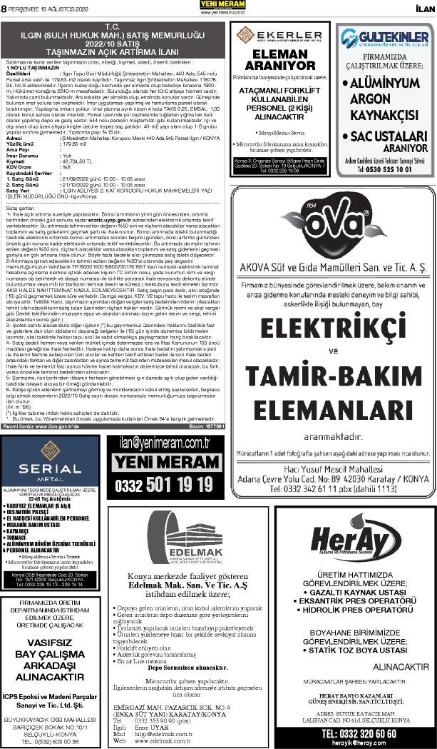 18 Ağustos 2022 Yeni Meram Gazetesi