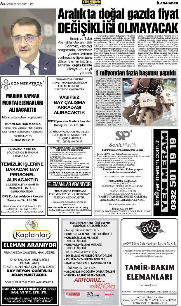 19 Kasım 2022 Yeni Meram Gazetesi
