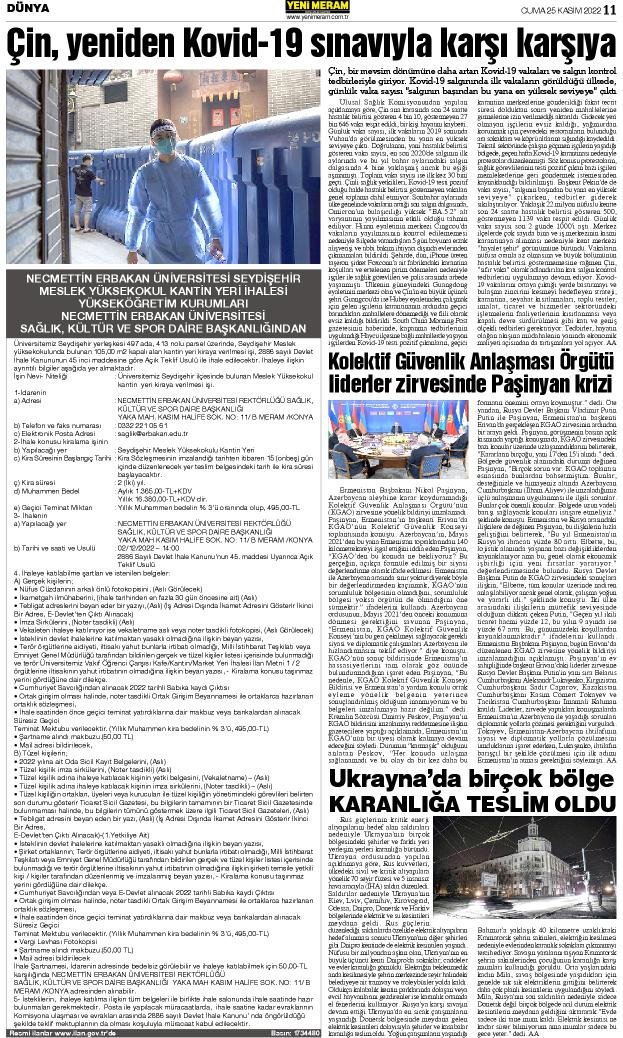 25 Kasım 2022 Yeni Meram Gazetesi
