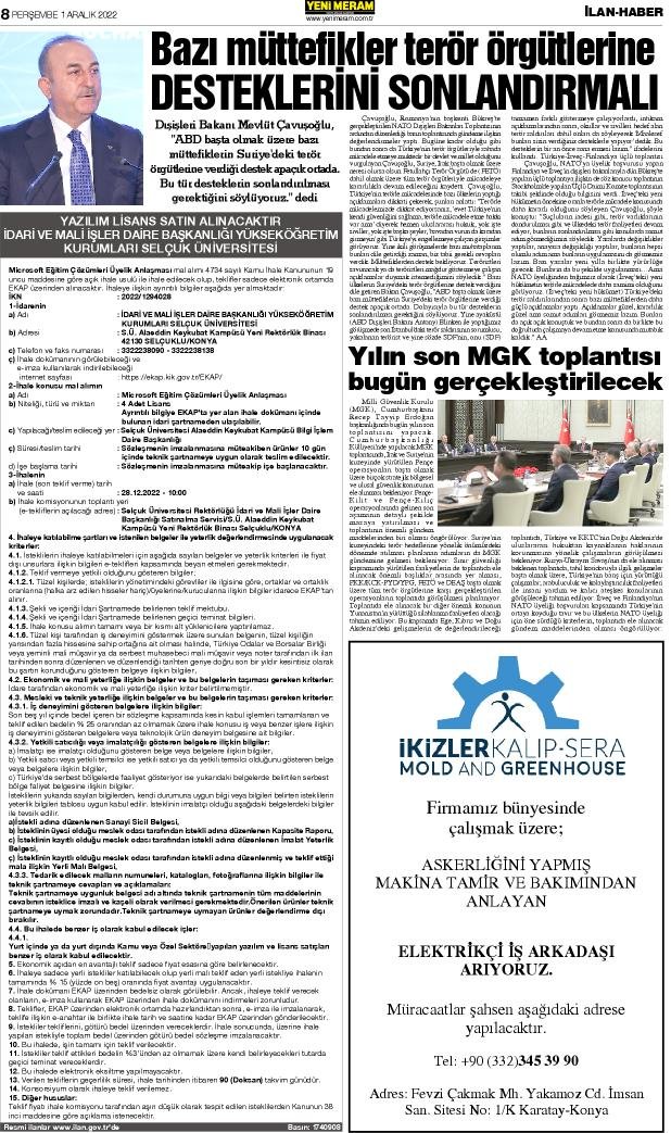 1 Aralık 2022 Yeni Meram Gazetesi
