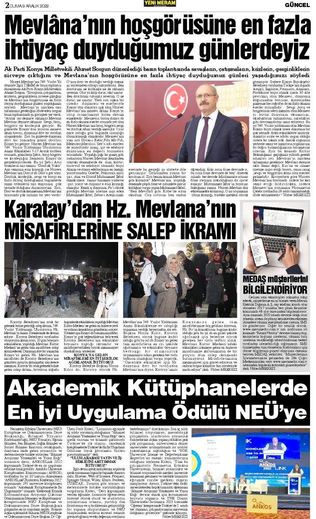 9 Aralık 2022 Yeni Meram Gazetesi
