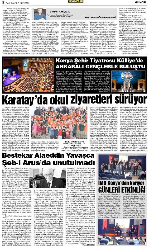 12 Aralık 2022 Yeni Meram Gazetesi
