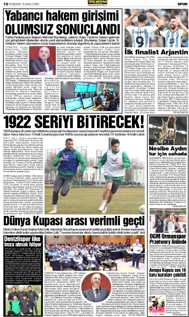 15 Aralık 2022 Yeni Meram Gazetesi
