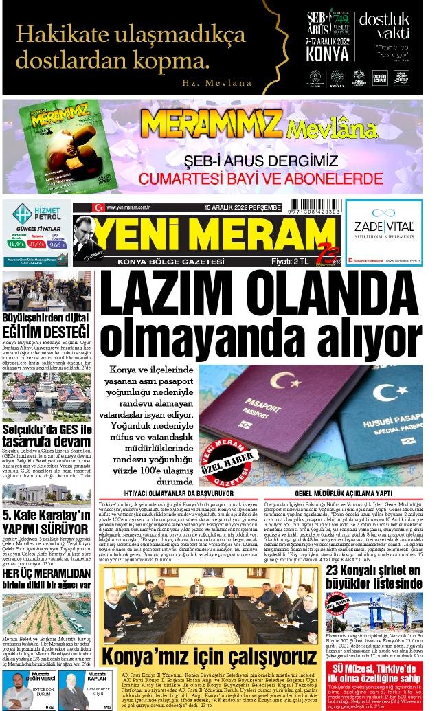 15 Aralık 2022 Yeni Meram Gazetesi
