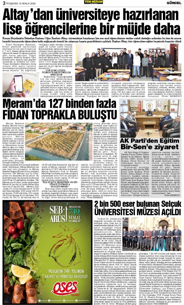 15 Aralık 2022 Yeni Meram Gazetesi
