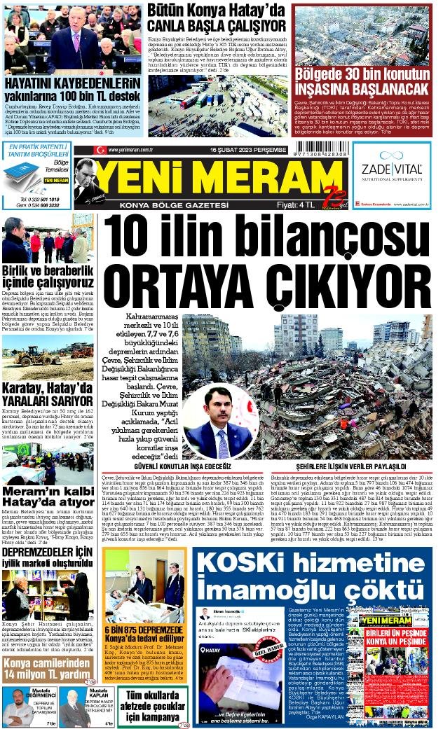 16 Şubat 2023 Yeni Meram Gazetesi
