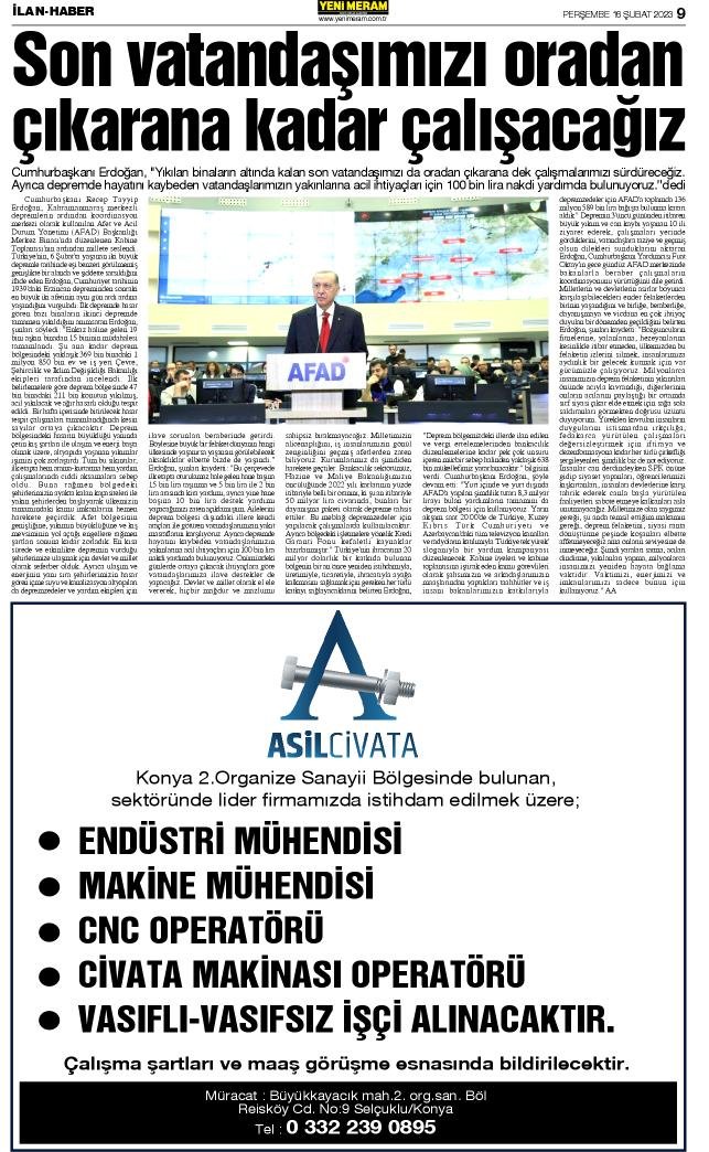 16 Şubat 2023 Yeni Meram Gazetesi
