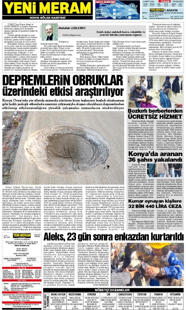 2 Mart 2023 Yeni Meram Gazetesi
