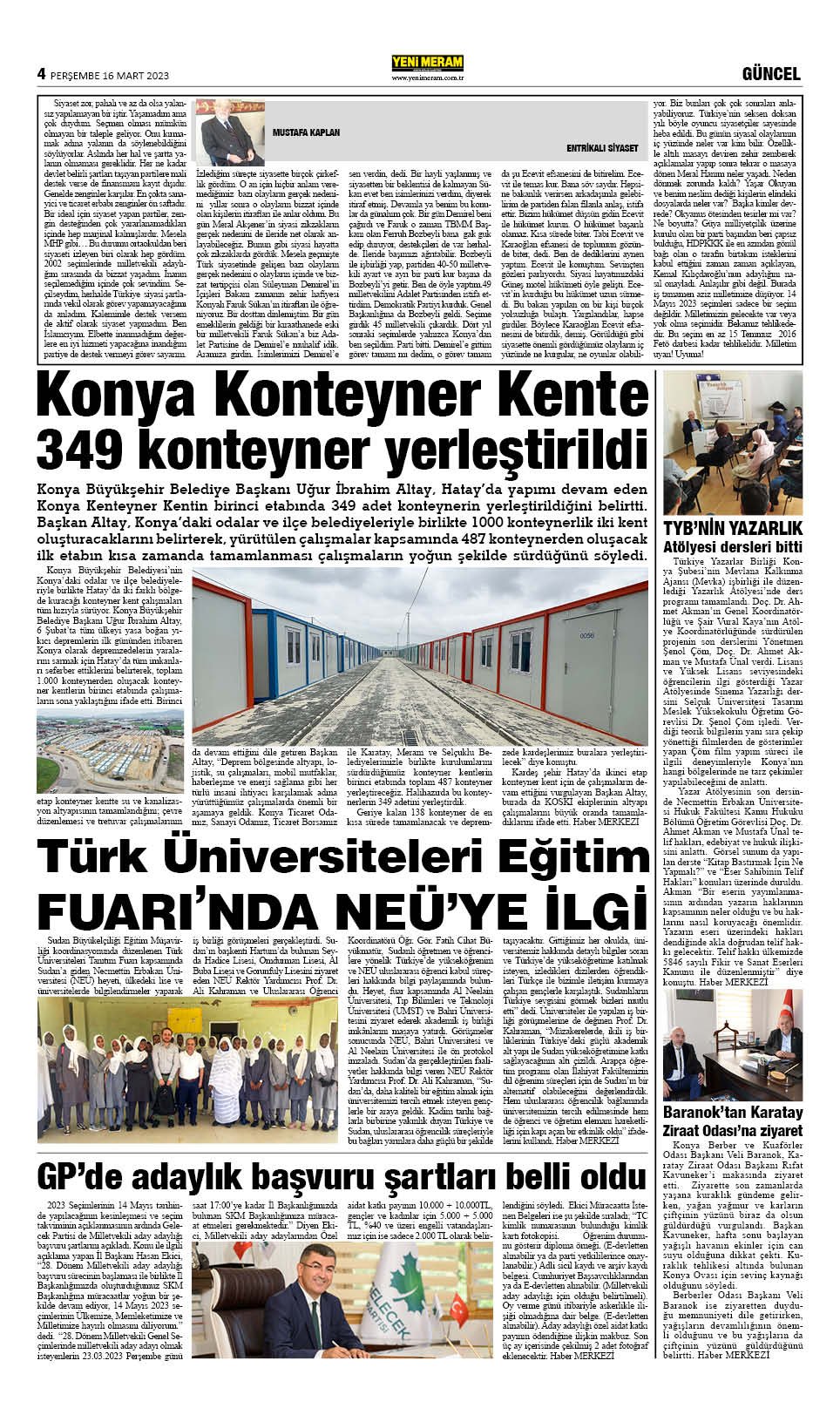 16 Mart 2023 Yeni Meram Gazetesi
