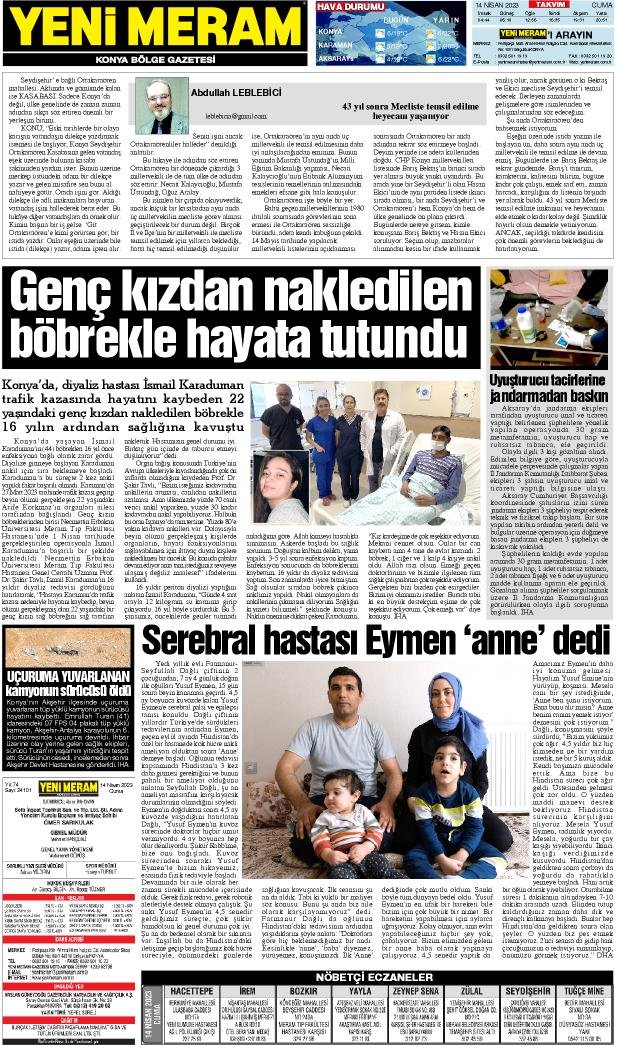 14 Nisan 2023 Yeni Meram Gazetesi
