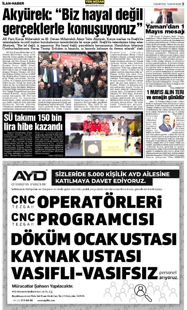 1 Mayıs 2023 Yeni Meram Gazetesi
