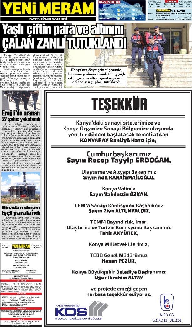 3 Mayıs 2023 Yeni Meram Gazetesi
