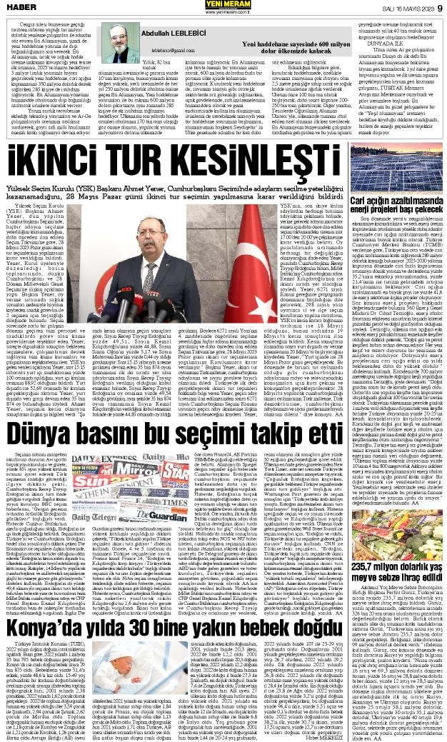 16 Mayıs 2023 Yeni Meram Gazetesi
