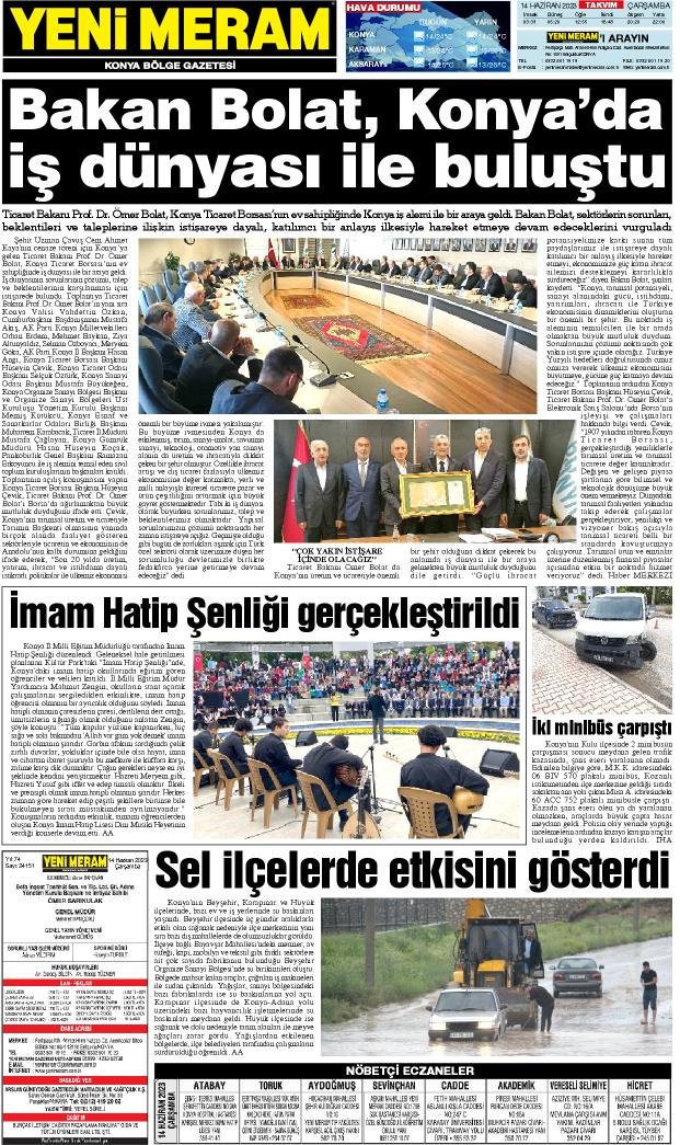 14 Haziran 2023 Yeni Meram Gazetesi
