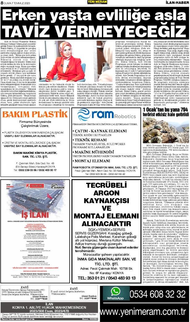 7 Temmuz 2023 Yeni Meram Gazetesi
