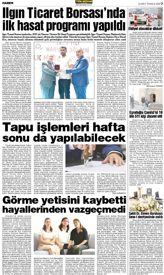 7 Temmuz 2023 Yeni Meram Gazetesi
