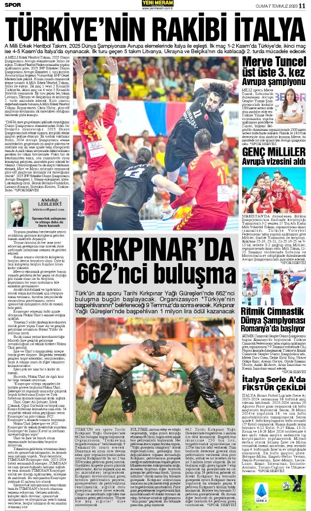 7 Temmuz 2023 Yeni Meram Gazetesi
