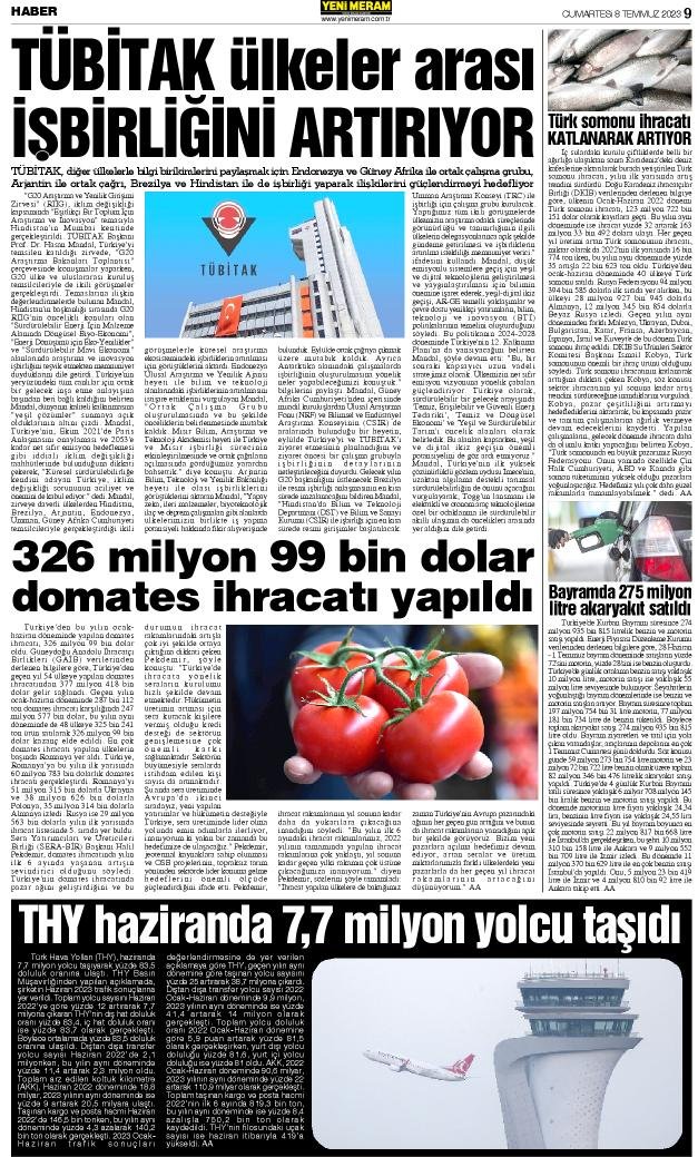 8 Temmuz 2023 Yeni Meram Gazetesi