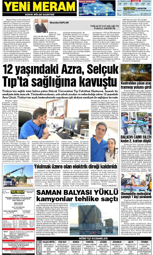 13 Temmuz 2023 Yeni Meram Gazetesi
