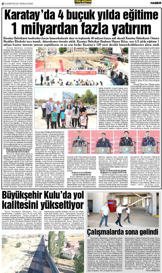 22 Temmuz 2023 Yeni Meram Gazetesi