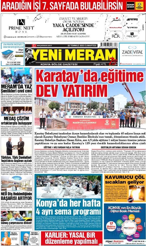 22 Temmuz 2023 Yeni Meram Gazetesi