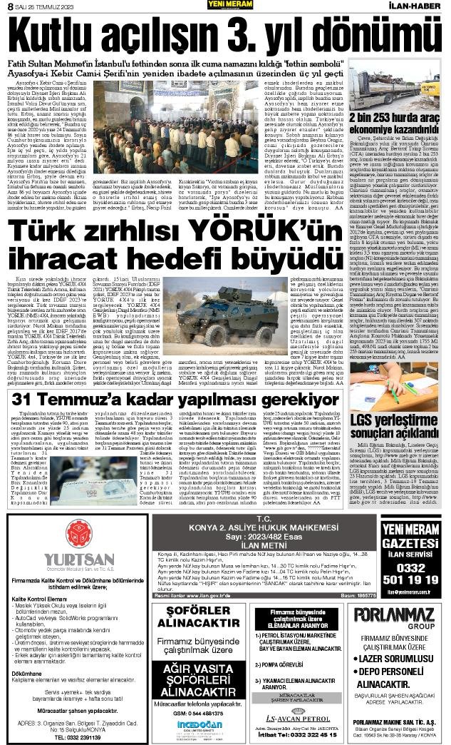 25 Temmuz 2023 Yeni Meram Gazetesi
