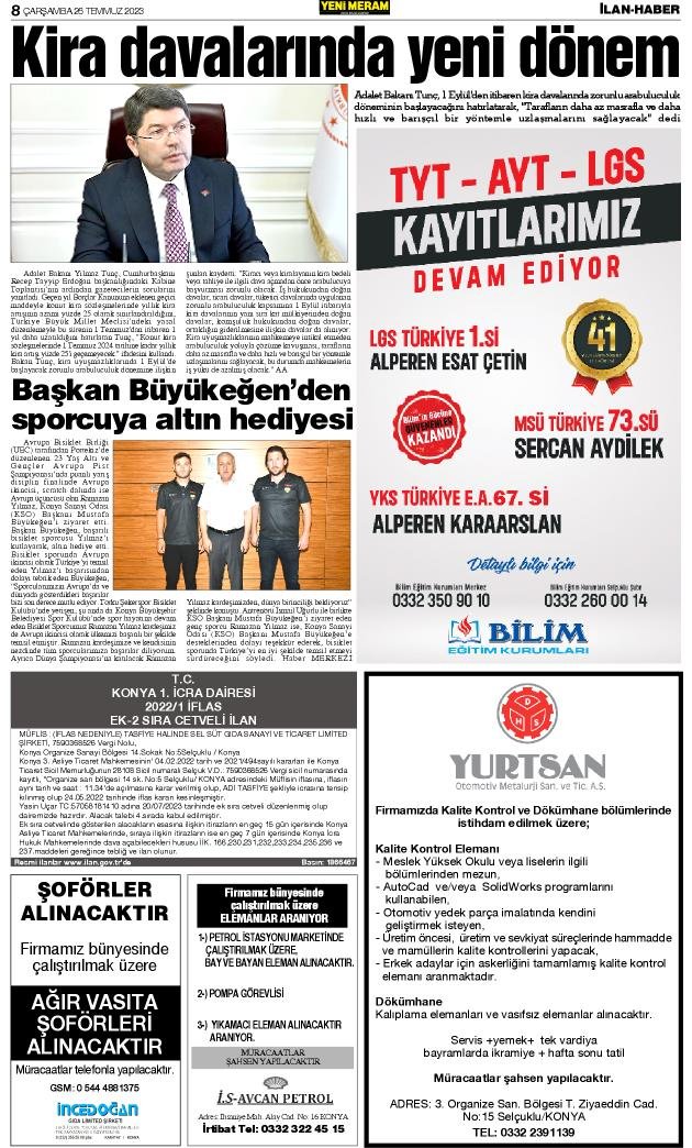 26 Temmuz 2023 Yeni Meram Gazetesi
