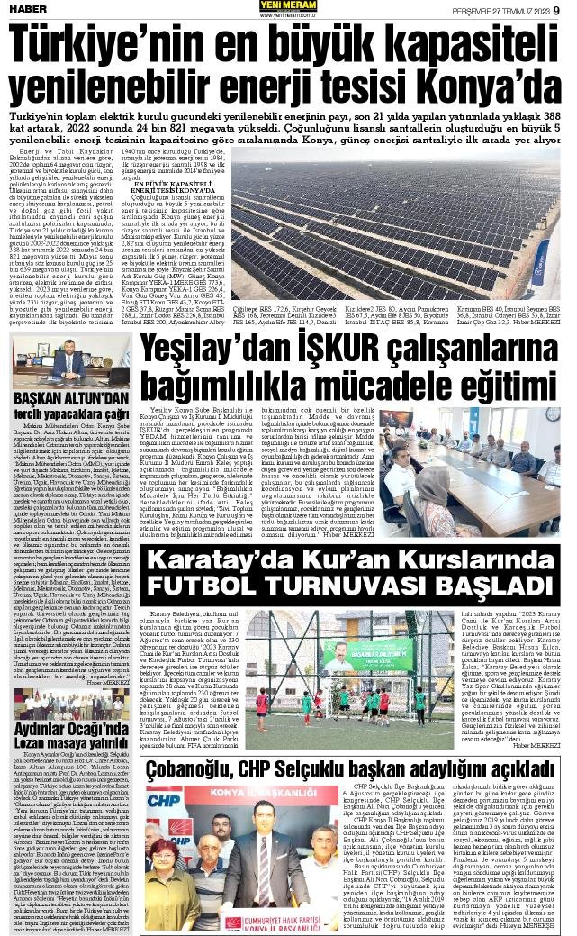 27 Temmuz 2023 Yeni Meram Gazetesi
