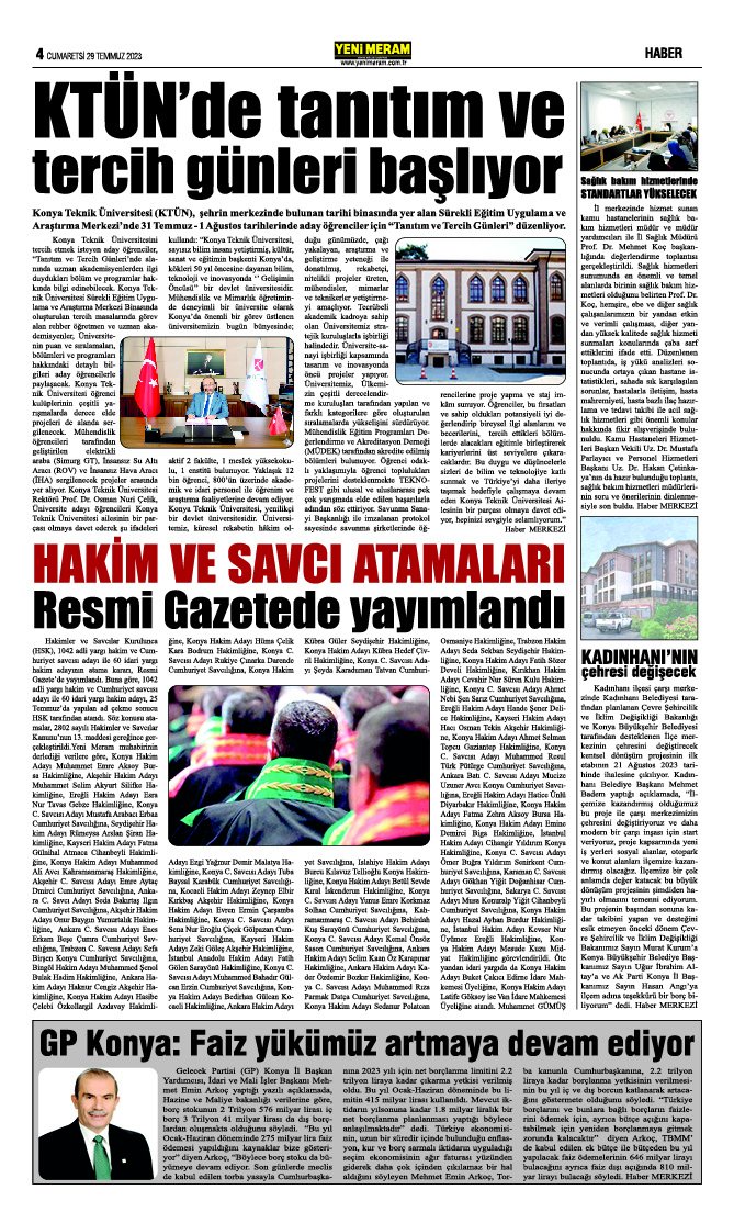 29 Temmuz 2023 Yeni Meram Gazetesi