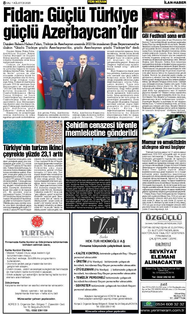 1 Ağustos 2023 Yeni Meram Gazetesi
