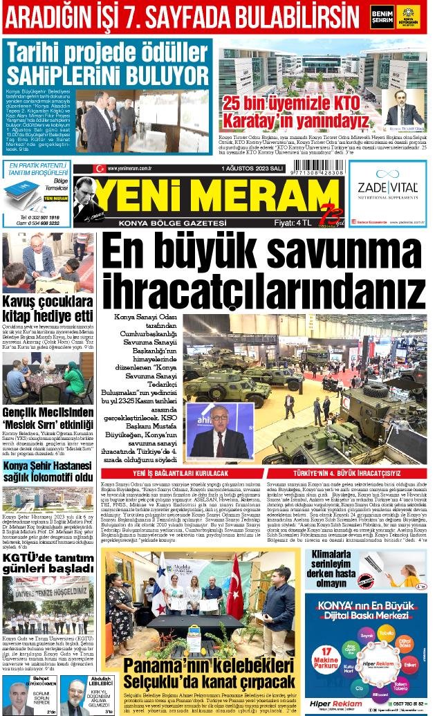 1 Ağustos 2023 Yeni Meram Gazetesi
