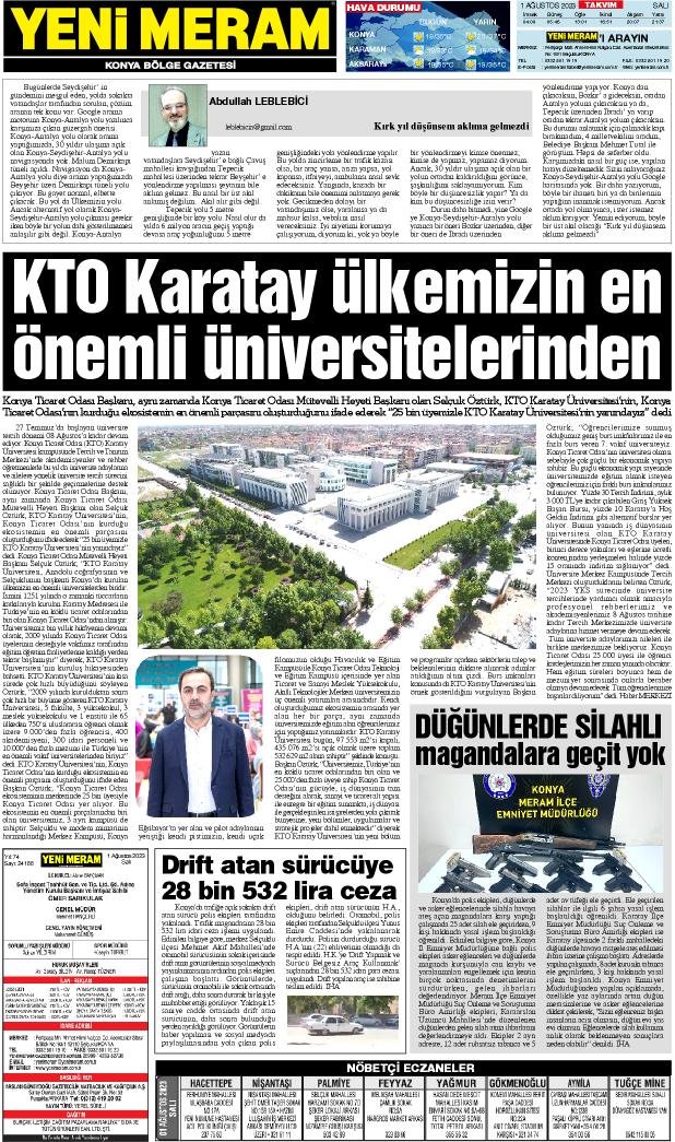 1 Ağustos 2023 Yeni Meram Gazetesi
