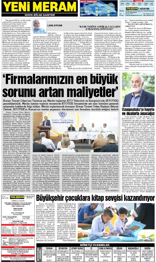 2 Ağustos 2023 Yeni Meram Gazetesi
