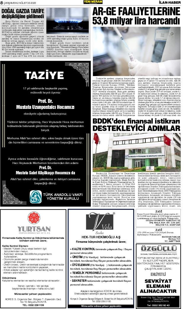 2 Ağustos 2023 Yeni Meram Gazetesi
